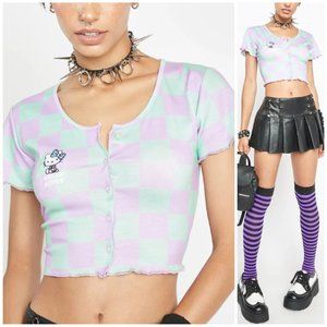 NWT NGOrder Dolls Kill Hello Kitty Checkered Cardigan Tee Lilac Green Kawaii